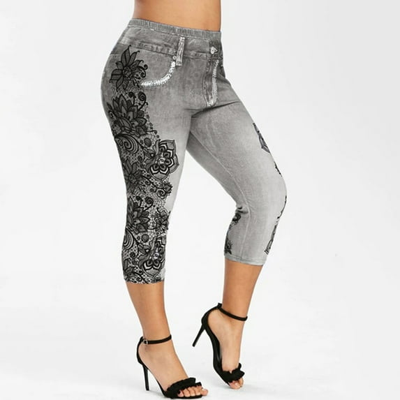 Clearance Under $5.00,Lolmot Womens Skinny Boho Capri Jeans Elastic High Waisted Floral Printed Pencil Denim Pants Slim Fit Cropped Jeans Leggings with Pockets on Clearance