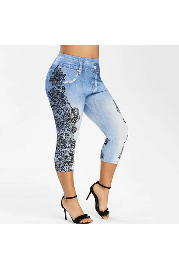 Lolmot Womens Skinny Boho Capri Jeans Elastic High Waisted Floral Printed Pencil Denim Pants Slim Fit Cropped Jeans Leggings with Pockets on Clearance
