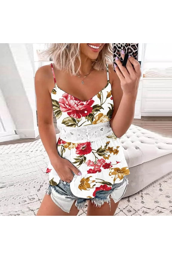 Under $5,Lolmot Womens Sleeveless Tank Tops Summer Casual Lace Floral Ruffle Sling Vest Sexy V-Neck Spaghetti Strap Backless Tunic Tops Camisoles