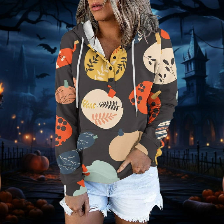 Lolmot Womens Spider Hoodie Button Collar Drawstring Essentials Hoodie  Halloween Pullover Sweatshirts Casual Long Sleeve Tops Shirts with Pocket