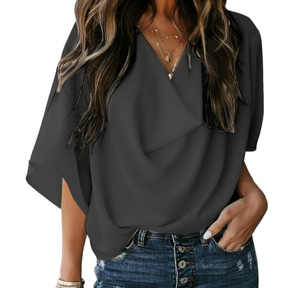 Lolmot Womens Spring Summer Fall 3/4 Batwing Sleeve Chiffon V Neck Casual Business Shirts Lightweight Flowy Solid Color Shirt Chiffon Blouse Top