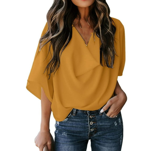 Lolmot Womens Spring Summer Fall 3/4 Batwing Sleeve Chiffon V Neck Casual Business Shirts Lightweight Flowy Solid Color Shirt Chiffon Blouse Top