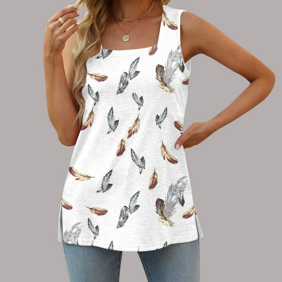 Up to 65 off!Lolmot Womens Square Neck Tank Tops Casual Pleated Floarl Slit Long Shirts Vest Tees Summer Loose Fit Flowy Sleeveless Tunic Blouses