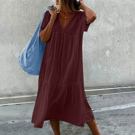 Lolmot Womens Summer Dresses Cotton Linen Fashion Casual Loose V-Neck Short Sleeve Long Dress Solid Pleated Dresses Beach Midi Dresses