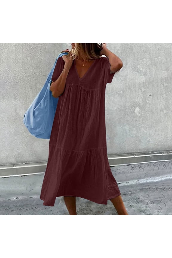 Lolmot Womens Summer Dresses Cotton Linen Fashion Casual Loose V-Neck Short Sleeve Long Dress Solid Pleated Dresses Beach Midi Dresses