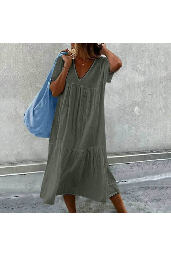 Lolmot Womens Summer Dresses Cotton Linen Fashion Casual Loose V-Neck Short Sleeve Long Dress Solid Pleated Dresses Beach Midi Dresses