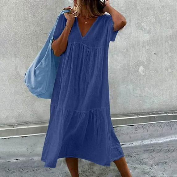 Lolmot Womens Summer Dresses Cotton Linen Fashion Casual Loose V-Neck Short Sleeve Long Dress Solid Pleated Dresses Beach Midi Dresses