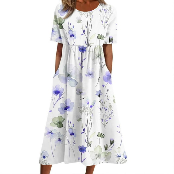 Lolmot Womens Summer Dresses Floral Printed Casual Dress for Women Summer Crewneck Short Sleeve Swing Pleated Midi Dress Beach Party Sundress with Pockets