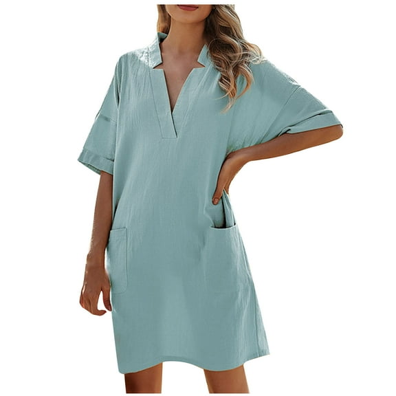 Lolmot Womens Summer Dresses V-Neck Solid Color Cotton and Linen Casual Short Sleeved Dress with Pockets