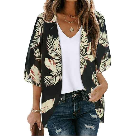 Lolmot Womens Summer Floral Print Sheer Chiffon Cardigan Casual Trendy Loose Cover Up Blouse Tops Beach Sun Protection Cover Up
