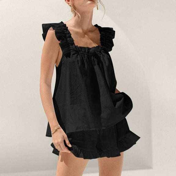 Lolmot Womens Summer Pajama Sets 2 Piece Outfits Cute Square Neck Flutter Sleeve Ruffle Trim Cami Top and Shorts Set Soft Lounge Pjs Set Sleepwear Loungewear