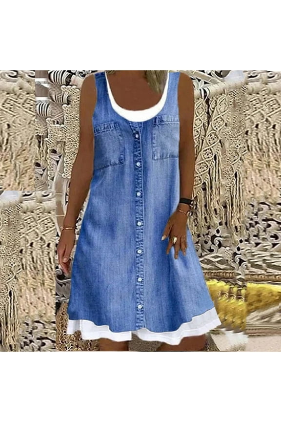 Up to 65 off!Lolmot Womens Summer Sleeveless Denim Dress Plus Size Sundresses Casual Loose Fit Crewneck Button Down Fake Two Piece Overall Tank Midi Dress with Pockets