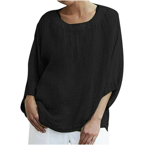Lolmot Womens Summer Tops 2023 Casual Elegant Fashion Temperament Round Neck Loose Fit Short Sleeve Solid Color Cotton Linen T-Shirt Tops