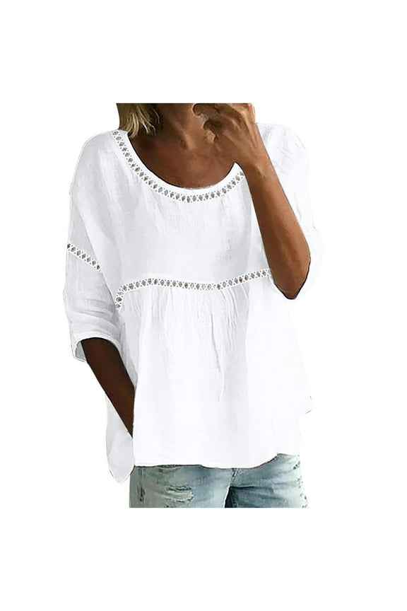 Lolmot Womens Summer Tops Crewneck Lace Crochet Patchwork Short Sleeve Shirts Casual Solid Color Chiffon Hollow Blouses