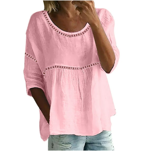 Lolmot Womens Summer Tops Crewneck Lace Crochet Patchwork Short Sleeve Shirts Casual Solid Color Chiffon Hollow Blouses