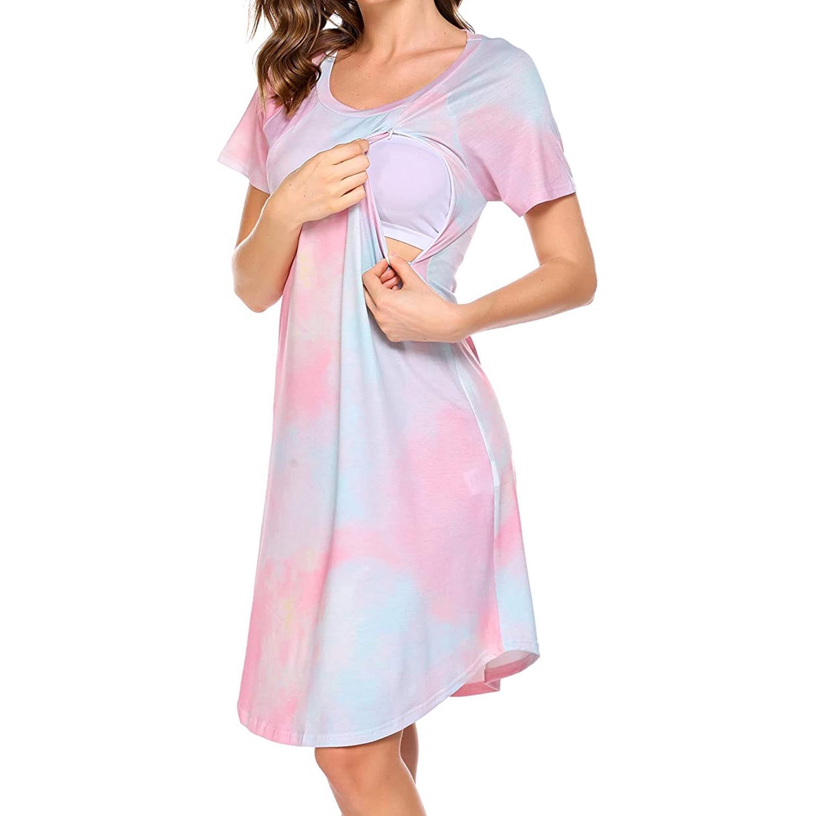 Lolmot Womens Tie Dye Nursing Dress for Breastfeeding Short Sleeve  Nightgown Casual Loose Sleep Dress Loungewear Maternity Dress with Zipper  on