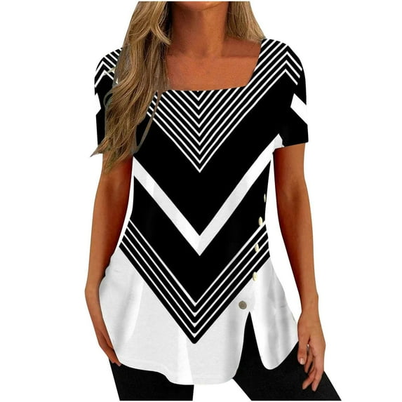 Lolmot Womens Tops Dressy Casual Spring 2023 Side Slit Button Floral Print Loose Fit Cute Tops Tshirts Short Sleeve Square Neck Tunic Tops