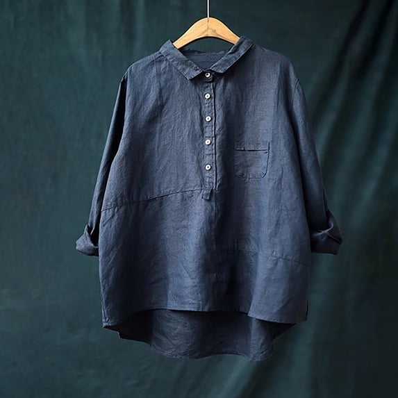 Lolmot Womens V Neck Collar Button Down Cotton Linen Shirts 3/4 Sleeve Solid Color Casual Blouses Tops Shirts Women's Traditional Chinese Style Tops