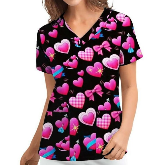 Lolmot Womens Valentine's Day Love Print V-Neck Scrubs Tops Loose Casual Working Uniform T-Shirts Holiday Blouses with Pockets