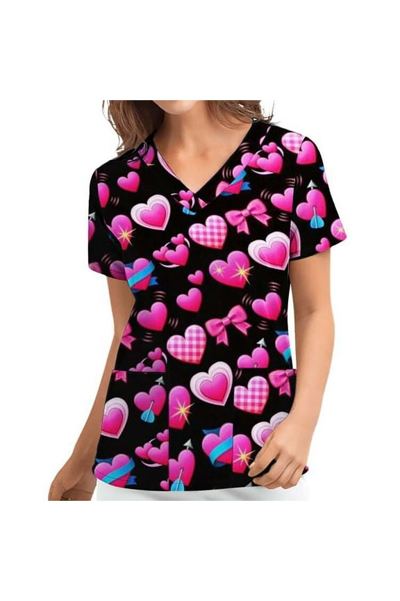 Lolmot Womens Valentine's Day Love Print V-Neck Scrubs Tops Loose Casual Working Uniform T-Shirts Holiday Blouses with Pockets