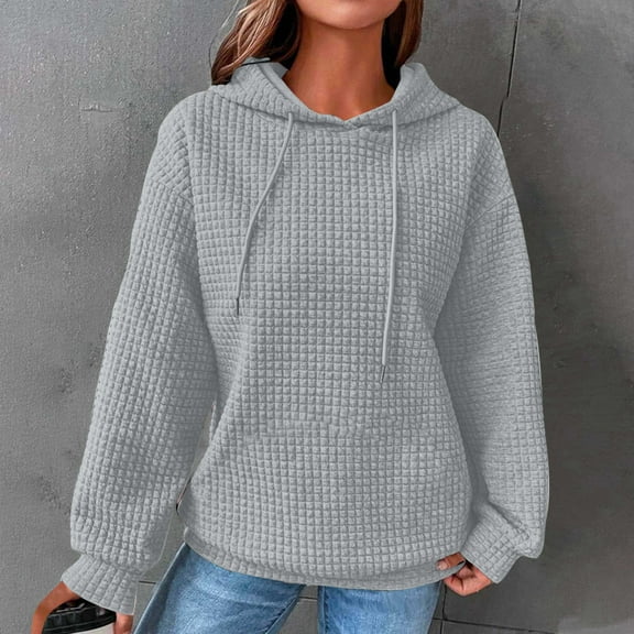 Lolmot Womens Waffle Knit Hoodies Solid Color Long Sleeves Crewneck Drawstring Basic Pullover Sweatshirts Fashion Fall Clothes