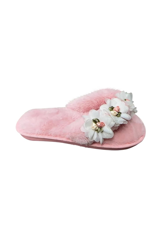 Lolmot Womens Winter Fuzzy Cute Flower Thong Flip Flops Beach Clip Toe Slide Anti-Slip Casual Open Toe Platform Slippers House Slippers