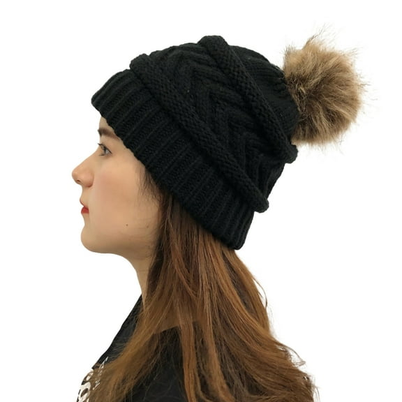 Lolmot Womens Winter Knitted Beanie Hat with Faux Fur Pompom Warm Cable Knit Skull Cap