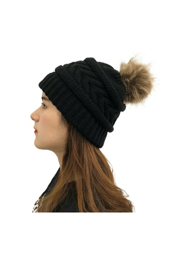 Lolmot Womens Winter Knitted Beanie Hat with Faux Fur Pompom Warm Cable Knit Skull Cap