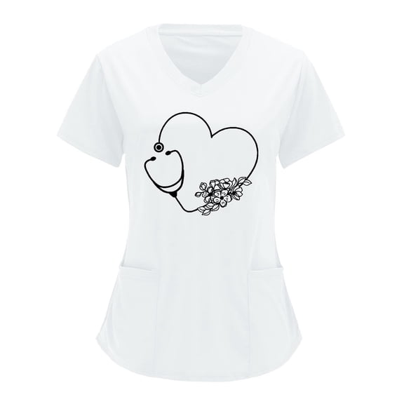 Lolmot Womens Working Uniform Tops Cute Stethoscope Heart Floral Graphic Printed V-Neck Short Sleeve Stretch T-Shirt Nurse Uniform Scrubs Holiday Workwear