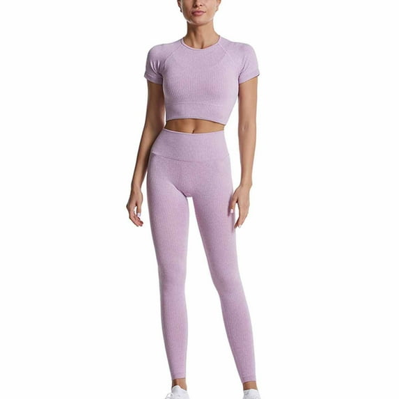 Lolmot Workout Sets for Women Yoga Outfit Seamless Workout Outfits Ribbed Sport Short Sleeve Crop Top High Waist Exercise Leggings Running Gym Yoga Sets
