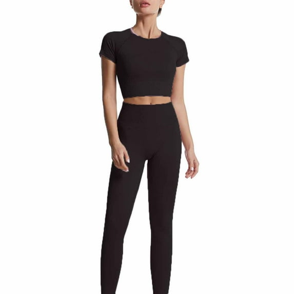 Lolmot Workout Sets for Women Yoga Outfit Seamless Workout Outfits Ribbed Sport Short Sleeve Crop Top High Waist Exercise Leggings Running Gym Yoga Sets