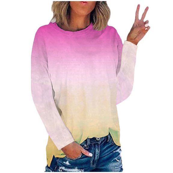 Lolmot Workout Tops for Women Fall Fashion Tie Dye Color Block Sweatshirt Dressy Casual Long Sleeve Crewneck Loose Fit Pullover Blouses