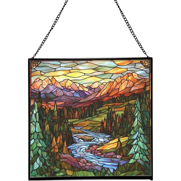 Lolo National Forest-Montana Landscape Stained Glass Suncatcher, Square Window Hanging, Tiffany Style Home Decor, size 8in