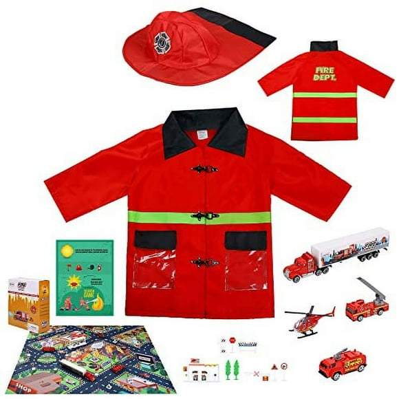 Lolo Toys Kids Firefighter Toys, Costume and Road Play Mat Set for Boys and Girls  20 Pieces Set with 4 Small Toy fire Truck Metal Diecast Vehicles, Fireman Costume for Kids with hat and Search Game