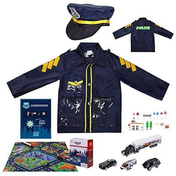 Lolo Toys Police Toys and Road Play Mat Set for Boys and Girls – 20 Piece Set with 4 Small Toy Police Car Metal Diecast Vehicles, Police Costume with hat and Search Game- Kids Police Gear