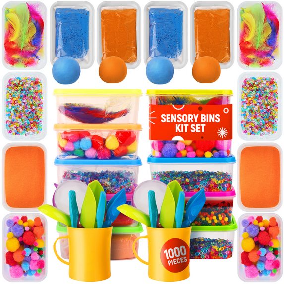 Lolo Toys Sensory Kit for Toddlers and Kids - Includes 5 Bins with Lids, Play Tools, Sand, Feathers, Clay, Color Beads and Pom Poms Kids Box Fillers (2 Pack)