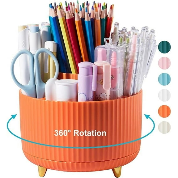 Lolocor 360 Degree Rotating Pencil Holder, 5 Slots, Orange