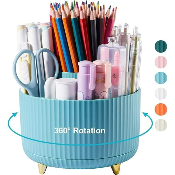 Lolocor 360 Degree Rotation Pencil Holder, 5 Slots Pencil Holder for Desk Pencil Cup Makeup Brush Holder Office Business Card Pen Pencil Stationery Holder Organizer Storage Box Blue