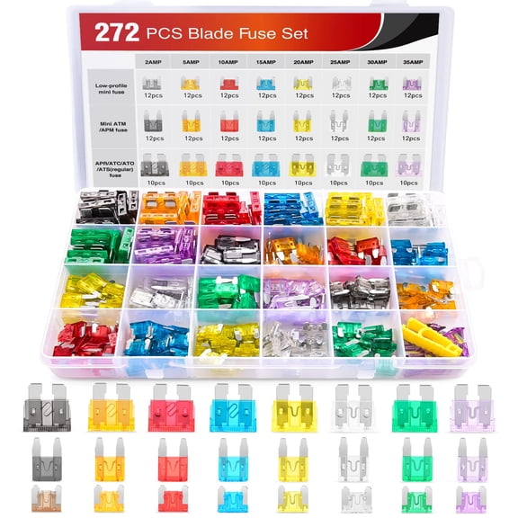 Loloft 272PCS Regular, Mini & Low Profile Mini Blade Fuse Assortment Kit, 3 Types 2A 5A 10A 15A 20A 25A 30A 35A Replacement Fuses for Car, Truck, SUV, RV, Boat Automotive