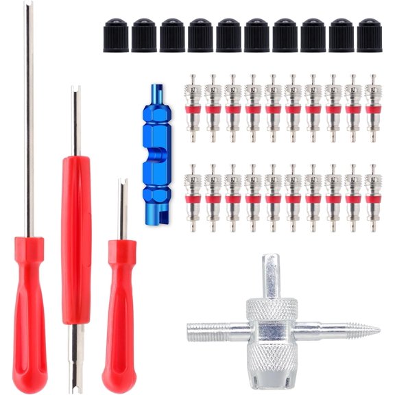 Loloft 35Pcs Tire Valve Stem Removal Tool Kit, 4-Way Valve Tool, 20 Valve Cores & 10 Valve Caps, Valve Core Remover Installer Tool for Car, Truck, Motorcycle, Bike Universal Tire Repair