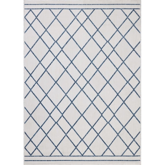 Indoor Outdoor Rug 5x8, Reversible, Loloi Easton Ivory / Denim (5'3" x 7'6")