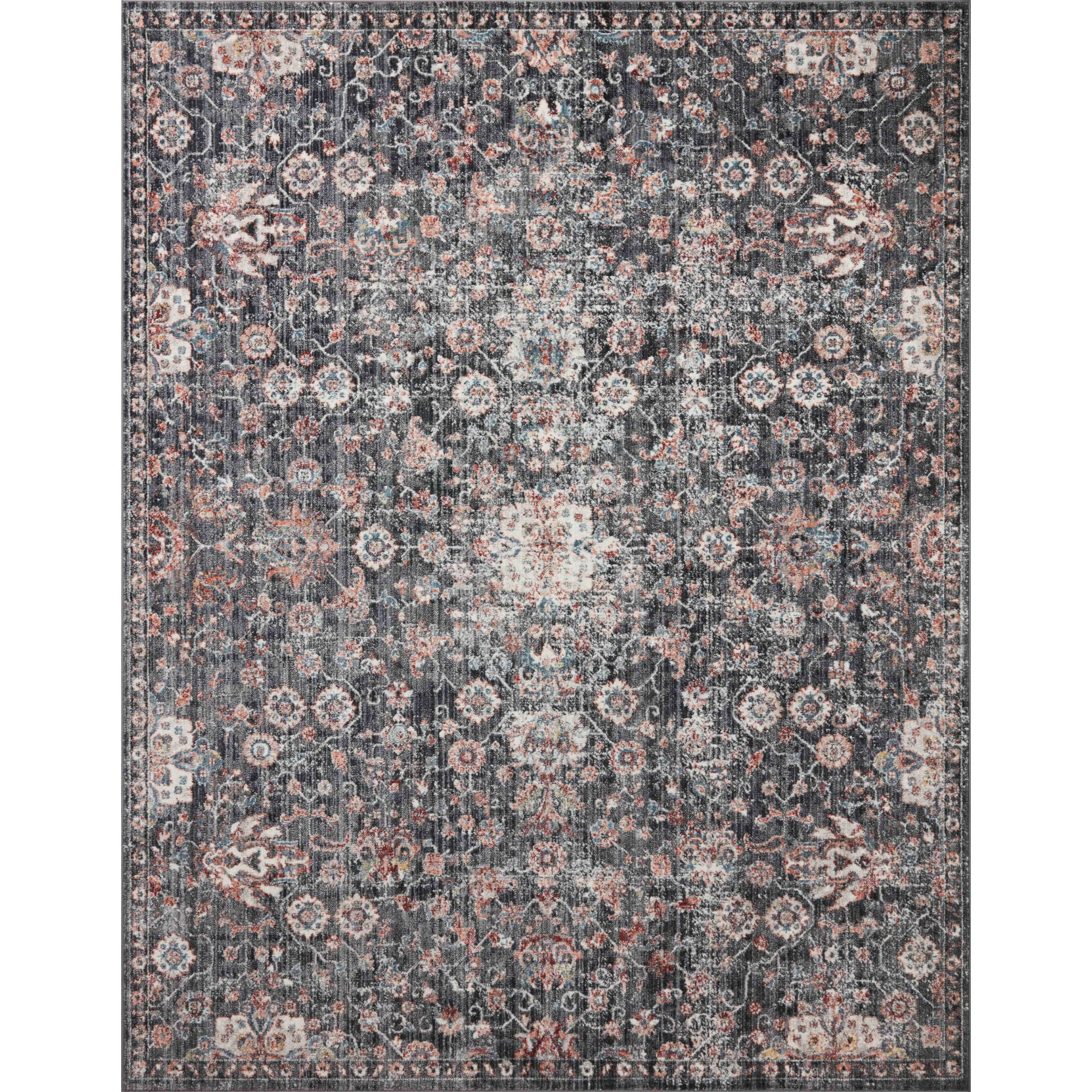 Charcoal and Rust Floral Pattern Synthetic Runner Rug