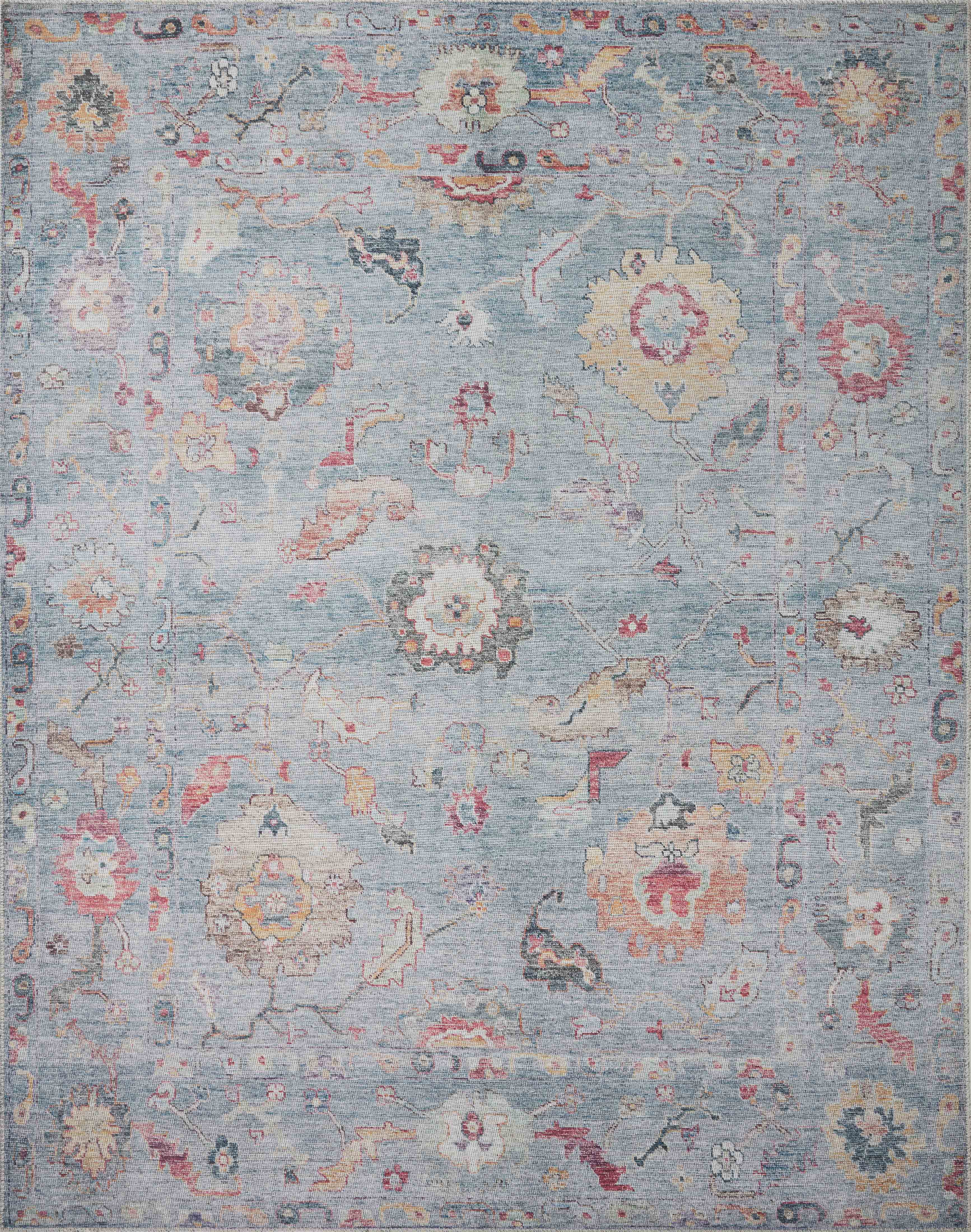 Blue Floral Oriental Synthetic Easy Care Rug 3'6" x 5'6"