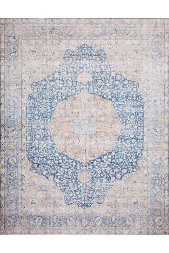 Layla Printed Oriental Distressed Blue / Tangerine Area Rug