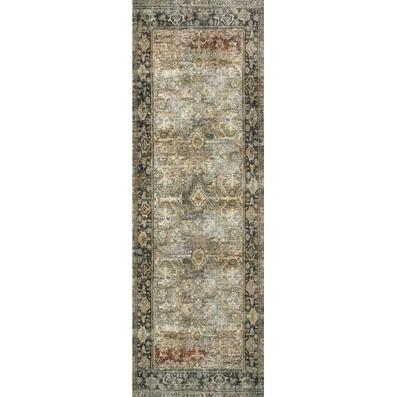 Loloi II Layla Printed Oriental Distressed Olive / Charcoal 2'-6" x 12'-0" Runner Rug