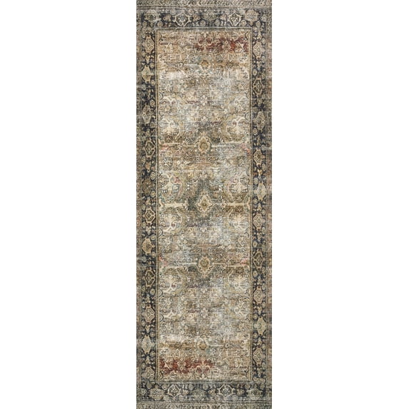 Loloi Layla Printed Oriental Distressed Olive / Charcoal 2'-6" x 7'-6" Runner Rug