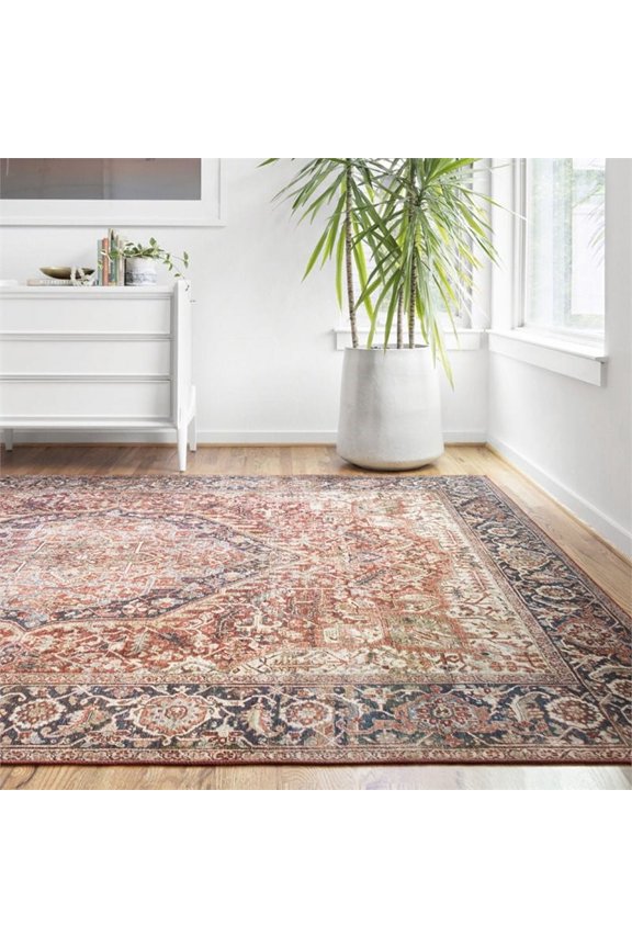 Layla Printed Oriental Distressed Red / Navy Area Rug