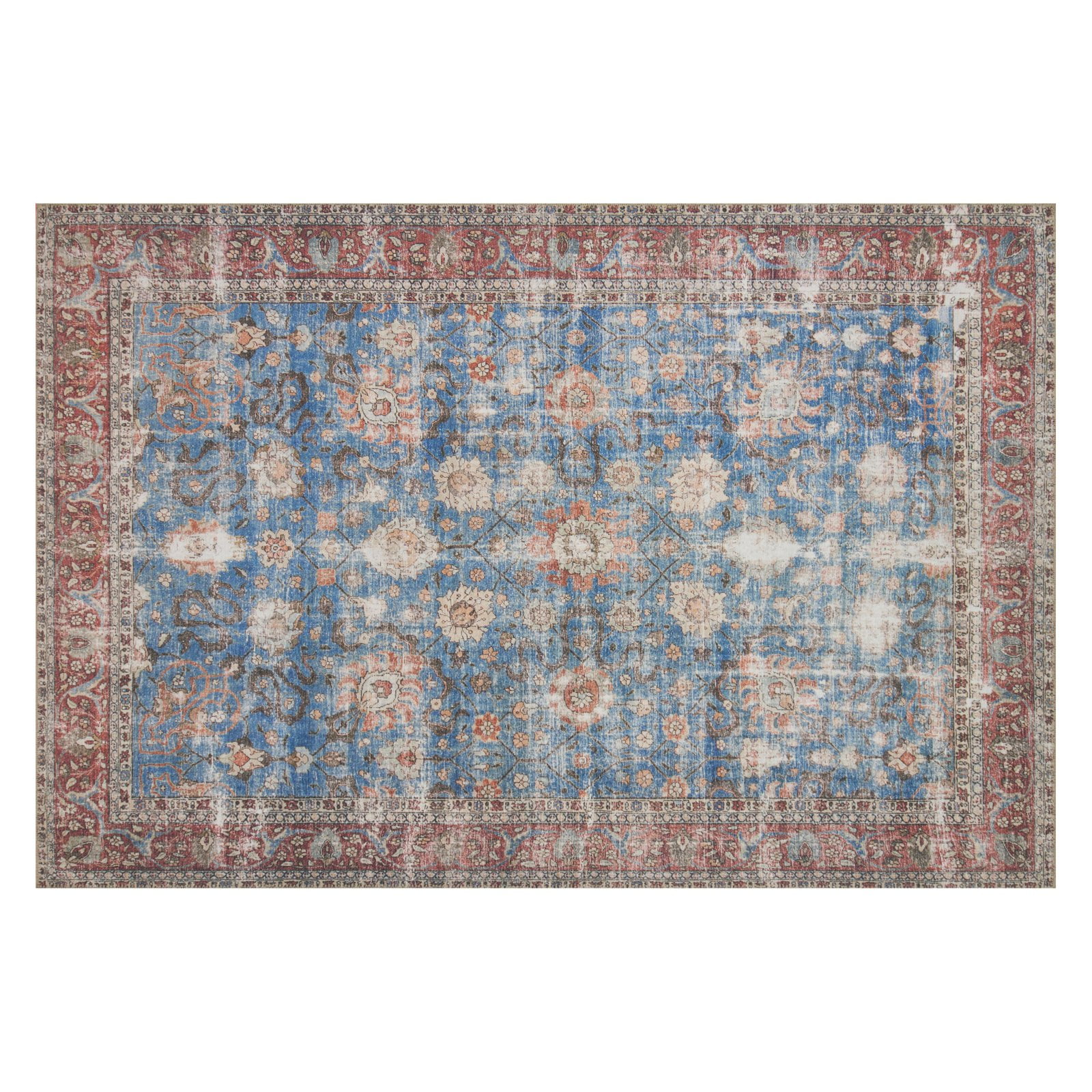 Loren Blue and Brick Vintage Polyester Area Rug 7'-6" x 9'-6"