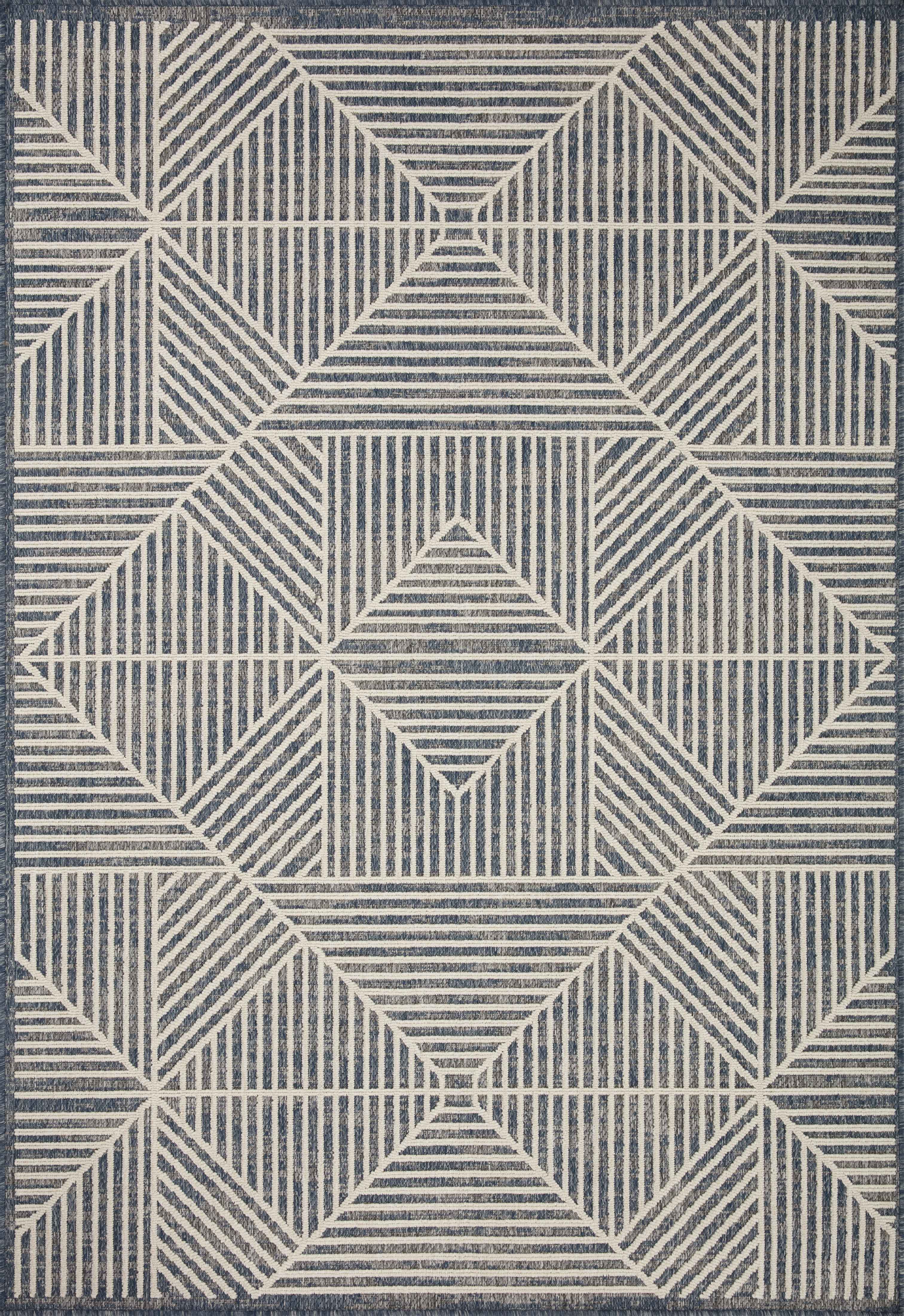 Handmade Denim & Ivory Geometric Outdoor Rug - 27" x 91"