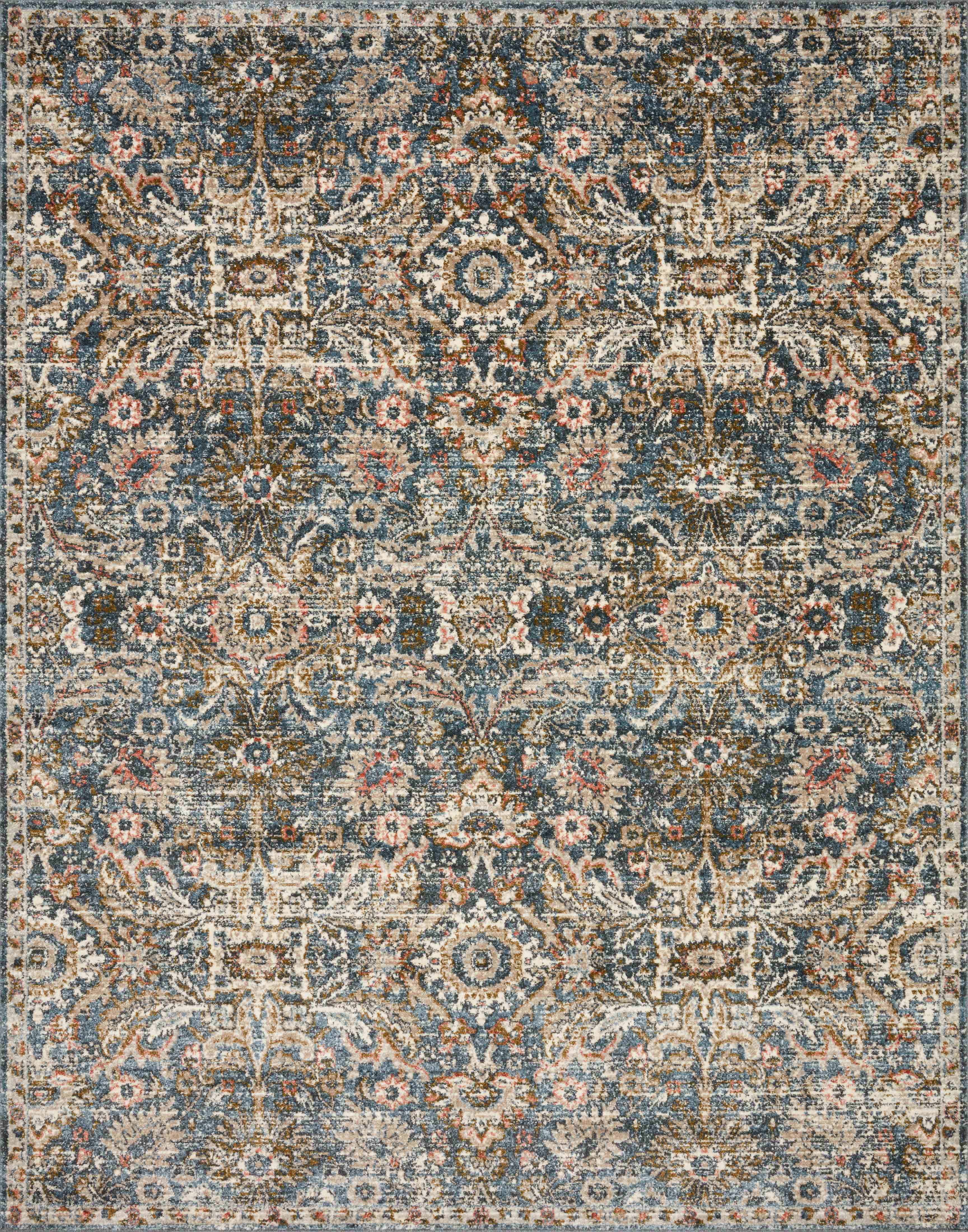 Saban Round Blue and Sand Stain-Resistant Area Rug